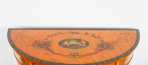 ANTIQUE SATINWOOD PAINTED DEMILUNE COMMODE SIDE CABINET SHERATON REVIVAL C1900 - ADDITIONAL PHOTO 3
