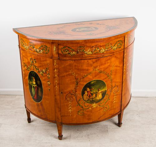ANTIQUE SATINWOOD PAINTED DEMILUNE COMMODE SIDE CABINET SHERATON REVIVAL C1900 - ADDITIONAL PHOTO 4