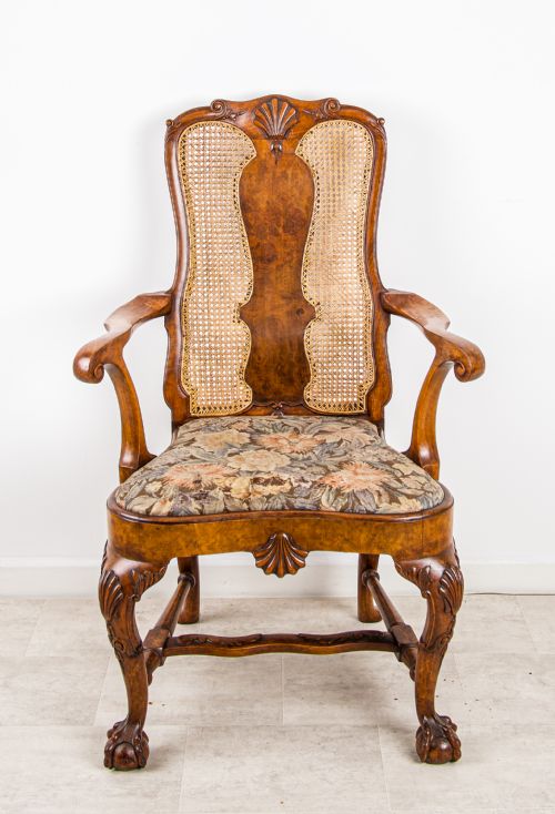 fig 1. Antique Walnut Queen Anne Style Armchair – Cabriole Legs, Claw & Ball Feet, Caned Back, C.1910