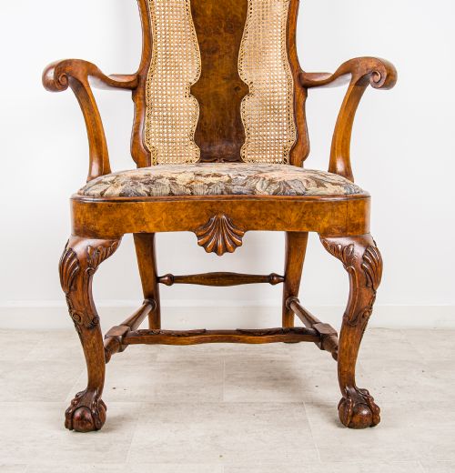 fig 2. Antique Walnut Queen Anne Style Armchair – Cabriole Legs, Claw & Ball Feet, Caned Back, C.1910