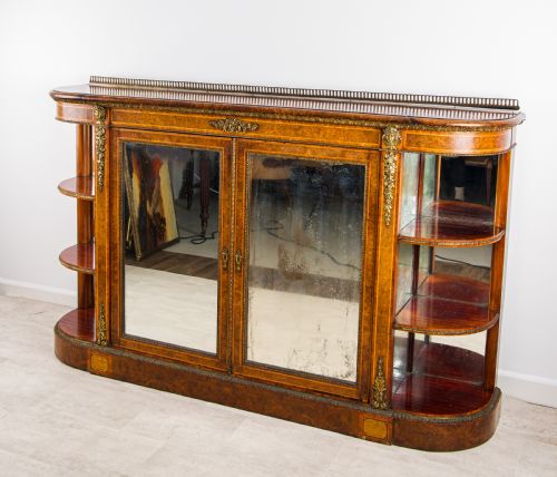 ANTIQUE VICTORIAN BURR WALNUT CREDENZA SIDE CABINET WITH ORMOLU MOUNTS MIRRORED DOORS CURVED DISPLAY SHELVES - ADDITIONAL PHOTO 1