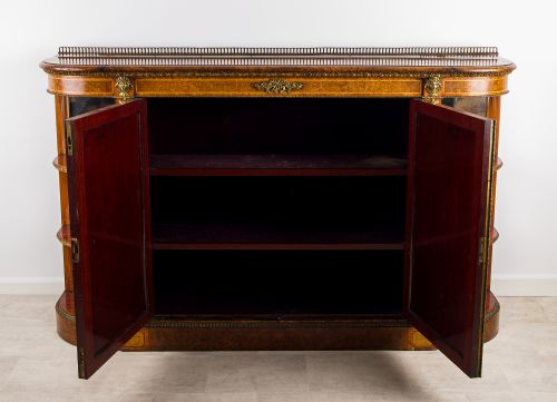 ANTIQUE VICTORIAN BURR WALNUT CREDENZA SIDE CABINET WITH ORMOLU MOUNTS MIRRORED DOORS CURVED DISPLAY SHELVES - ADDITIONAL PHOTO 3
