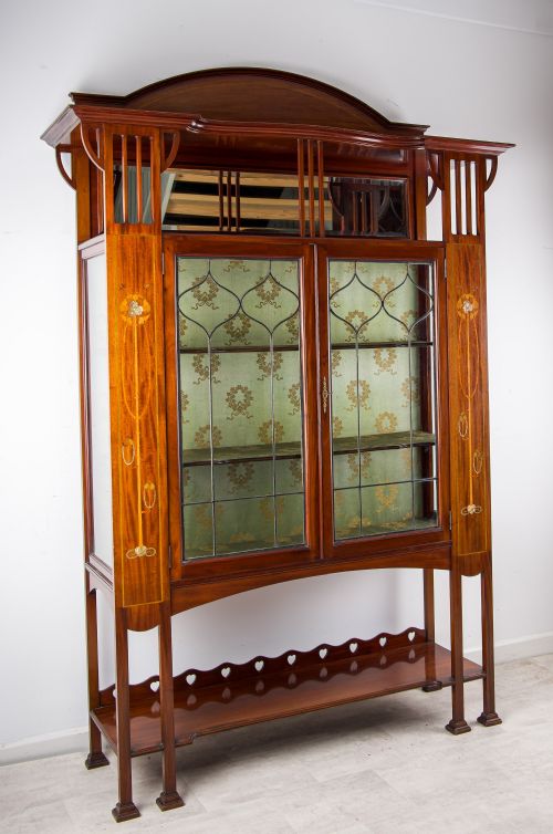 fig 1. Antique Art Nouveau Mahogany Display Cabinet - Inlaid, Leaded Glass, C.1900