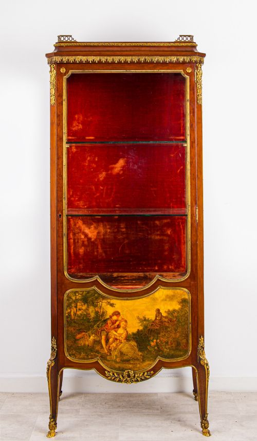 ANTIQUE FRENCH VERNIS MARTIN DISPLAY CABINET ORMOLU MOUNTED GLASS VITRINE WITH PAINTED PANEL - ADDITIONAL PHOTO 1