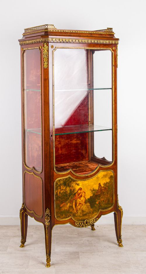 ANTIQUE FRENCH VERNIS MARTIN DISPLAY CABINET ORMOLU MOUNTED GLASS VITRINE WITH PAINTED PANEL - ADDITIONAL PHOTO 5
