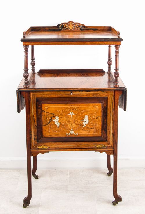 ANTIQUE ROSEWOOD DRINKS CABINET COCKTAIL CABINET WITH MARQUETRY PANEL SERVING GALLERY - ADDITIONAL PHOTO 1