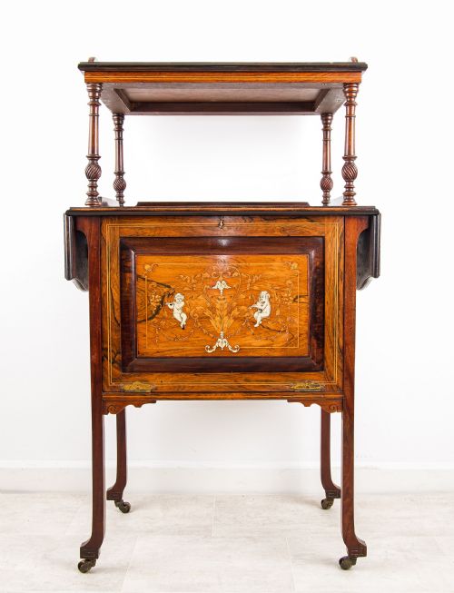 ANTIQUE ROSEWOOD DRINKS CABINET COCKTAIL CABINET WITH MARQUETRY PANEL SERVING GALLERY - ADDITIONAL PHOTO 2
