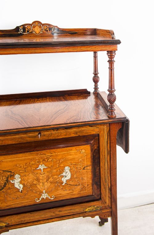 ANTIQUE ROSEWOOD DRINKS CABINET COCKTAIL CABINET WITH MARQUETRY PANEL SERVING GALLERY - ADDITIONAL PHOTO 3