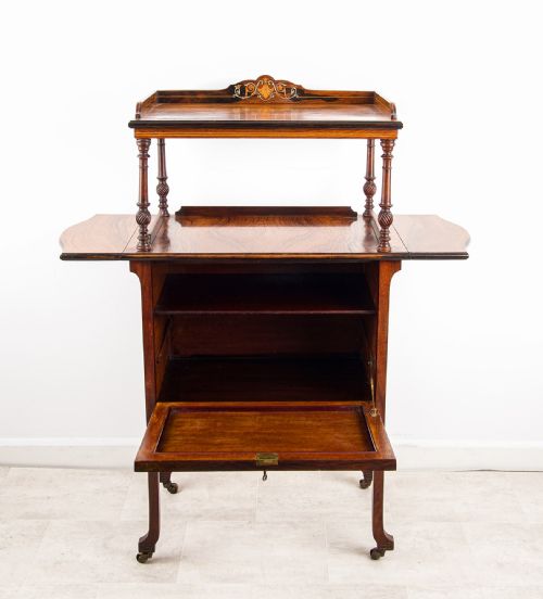 ANTIQUE ROSEWOOD DRINKS CABINET COCKTAIL CABINET WITH MARQUETRY PANEL SERVING GALLERY - ADDITIONAL PHOTO 5