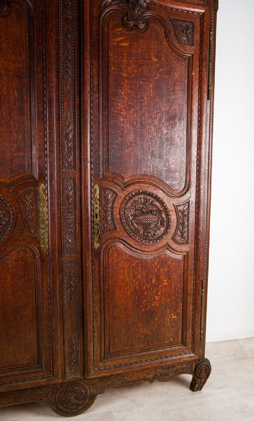 fig 1. Large Antique French Carved Oak Armoire Wardrobe - 19th Century Louis XV Style Cabinet