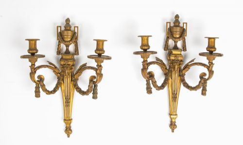 PAIR OF ANTIQUE FRENCH GILT BRONZE WALL SCONCES WITH RAMS HEAD MASKS LOUIS XVI STYLE ORMOLU WALL LIGHTS C19TH CENTURY