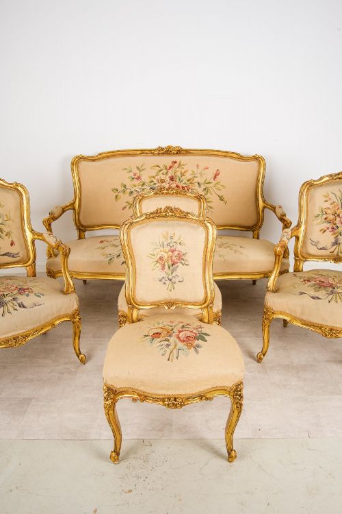 fig 2. Antique French Louis XV Giltwood Salon Suite with Sofa & 4 Chairs - Decorated Floral Upholstery c.1900