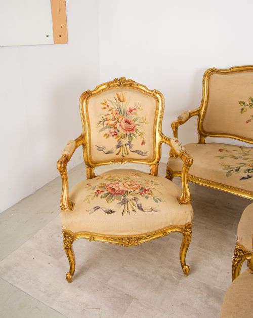 fig 3. Antique French Louis XV Giltwood Salon Suite with Sofa & 4 Chairs - Decorated Floral Upholstery c.1900