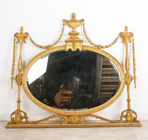 Antique Giltwood Oval Overmantel Mirror, Adams Style, Circa 1880