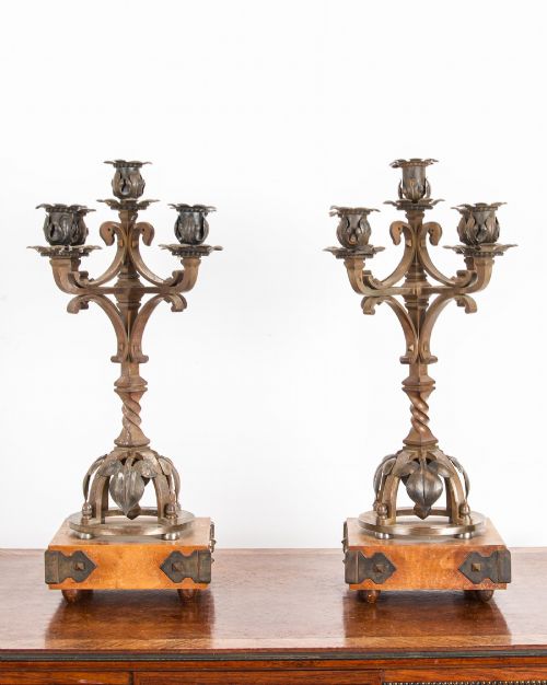 PAIR ANTIQUE GOTHIC REVIVAL CANDELABRA 5 BRANCH CIRCA 1920