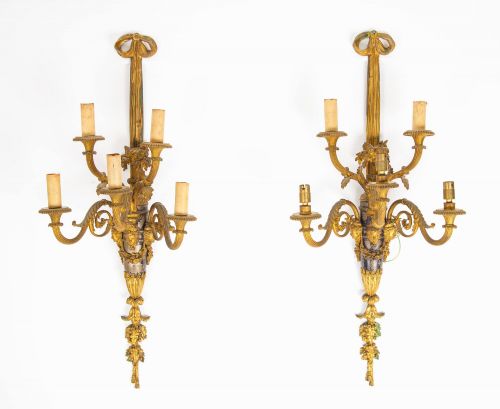 A RARE PAIR OF GILTBRONZE FIVELIGHT WALL LIGHT SCONCES BY HENRI VIAN PARIS STAMPED