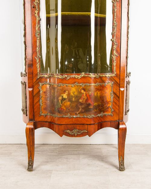 fig 1. 19th Century French Kingwood Vitrine Display Cabinet - Vernis Martin Panels, Ormolu Mounts & Curved Glass