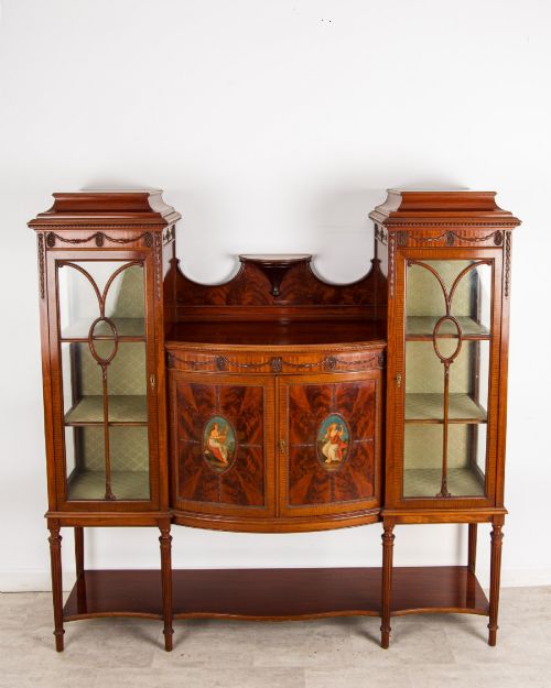 fig 1. Antique Edwardian Flamed Mahogany Display Cabinet Bookcase by T. Inglesant & Sons Leicester