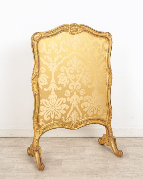 Antique French Carved Giltwood Fire Screen with Upholstered Panel