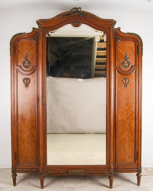 ANTIQUE FRENCH MAHOGANY ARMOIRE WARDROBE WITH MIRROR GILT BRONZE ORMOLU MOUNTS