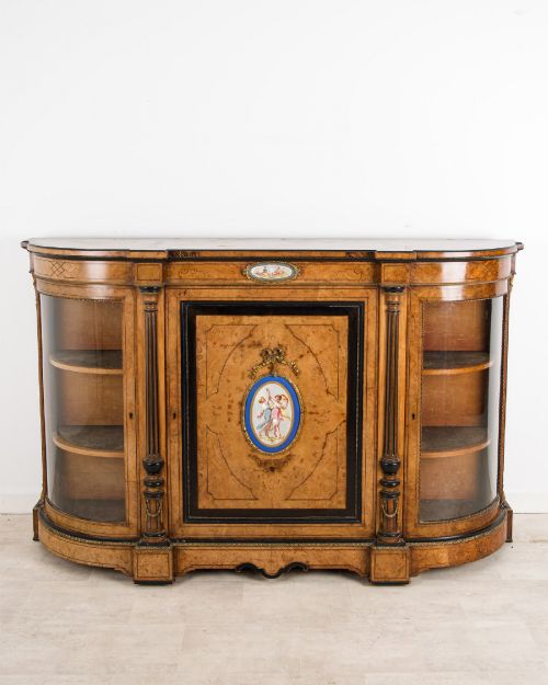 Antique Victorian Burr Walnut Credenza Sideboard with Porcelain Plaques