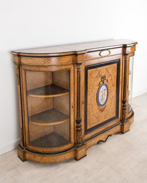 fig 2. Antique Victorian Burr Walnut Credenza Sideboard With Porcelain Plaques
