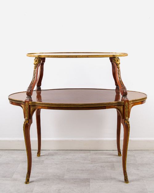 EXCEPTIONAL ANTIQUE FRENCH PLUM PUDDING MAHOGANY TWOTIER TAGRE CENTRE TABLE WITH ORMOLU MOUNTS C1880