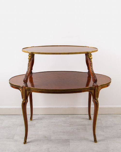 EXCEPTIONAL ANTIQUE FRENCH PLUM PUDDING MAHOGANY TWOTIER TAGRE CENTRE TABLE WITH ORMOLU MOUNTS C1880 - ADDITIONAL PHOTO 2