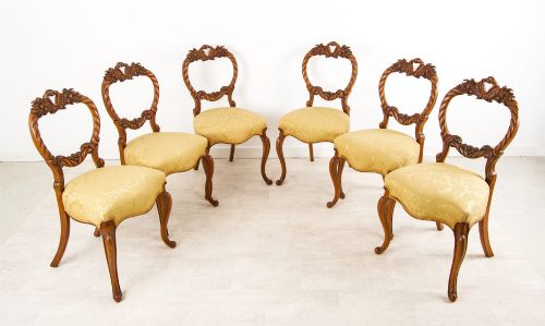Set of Six Antique Walnut Balloon Back Dining Chairs