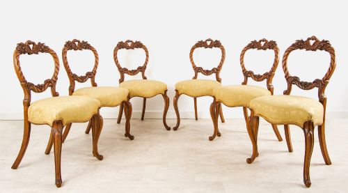 fig 1. Set Of Six Antique Walnut Balloon Back Dining Chairs