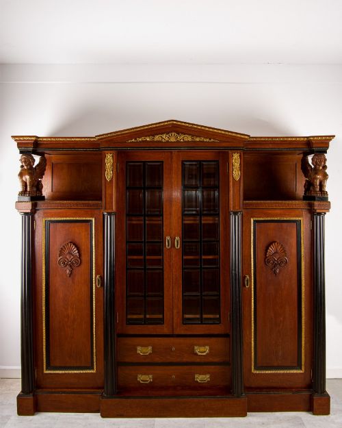 Antique Regency Revival Mahogany Breakfront Library Bookcase Cabinet with Carved Sphinx Supports