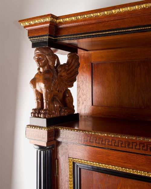 fig 2. Antique Regency Revival Mahogany Breakfront Library Bookcase Cabinet With Carved Sphinx Supports