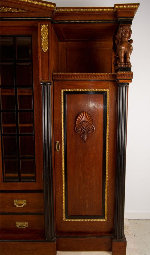 Antique Regency Revival Mahogany Breakfront Library Bookcase Cabinet With Carved Sphinx Supports View VI