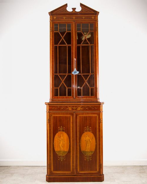 ANTIQUE EDWARDIAN MAHOGANY INLAID CORNER CABINET DISPLAY CABINET WITH ASTRAGAL GLAZING