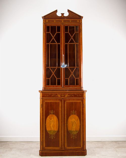ANTIQUE EDWARDIAN MAHOGANY INLAID CORNER CABINET DISPLAY CABINET WITH ASTRAGAL GLAZING - ADDITIONAL PHOTO 1