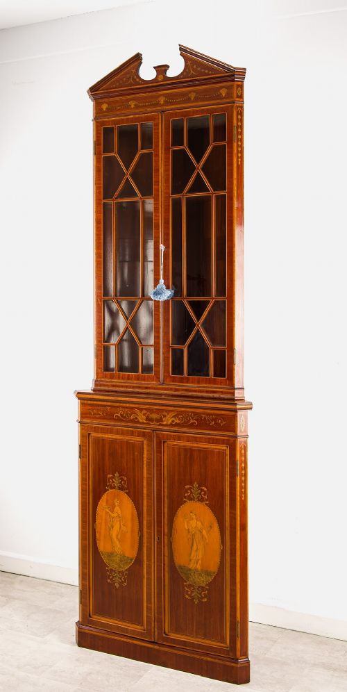 ANTIQUE EDWARDIAN MAHOGANY INLAID CORNER CABINET DISPLAY CABINET WITH ASTRAGAL GLAZING - ADDITIONAL PHOTO 2