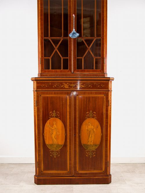 ANTIQUE EDWARDIAN MAHOGANY INLAID CORNER CABINET DISPLAY CABINET WITH ASTRAGAL GLAZING - ADDITIONAL PHOTO 3