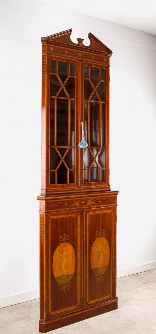 ANTIQUE EDWARDIAN MAHOGANY INLAID CORNER CABINET DISPLAY CABINET WITH ASTRAGAL GLAZING - ADDITIONAL PHOTO 6