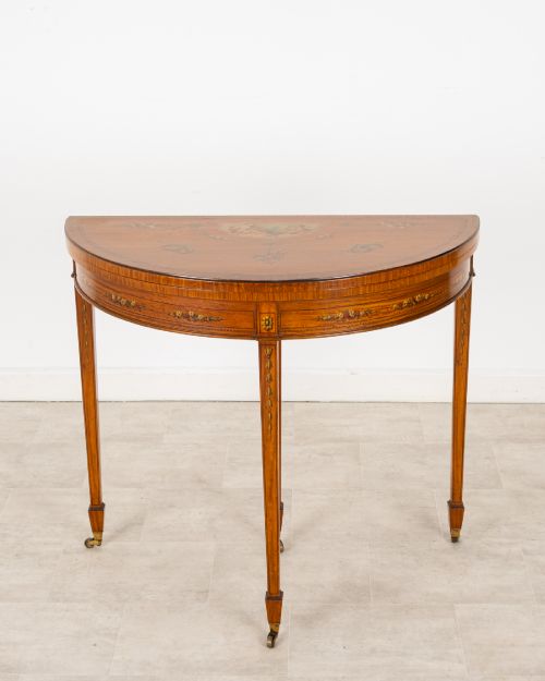 ANTIQUE EDWARDIAN SATINWOOD PAINTED DEMI LUNE GAMES TABLE