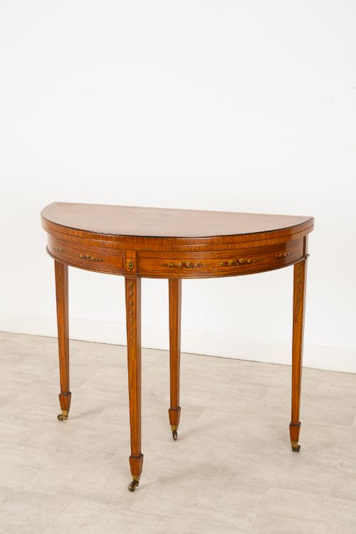 ANTIQUE EDWARDIAN SATINWOOD PAINTED DEMI LUNE GAMES TABLE - ADDITIONAL PHOTO 1