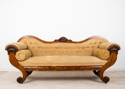 Antique Victorian Rosewood Upholstered Settee Sofa with Carved Scroll Ends C.1880