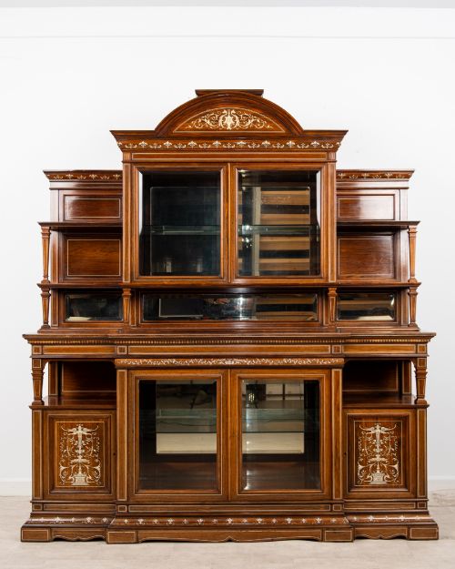 MONUMENTAL ANTIQUE VICTORIAN ROSEWOOD INLAID DISPLAY CABINET BOOKCASE C1880