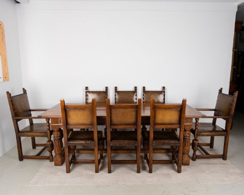 Antique Jacobean Revival Oak Refectory Dining Table & Eight Leather Dining Chairs C.1910