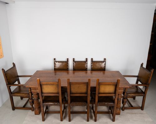 fig 2. Antique Jacobean Revival Oak Refectory Dining Table & Eight Leather Dining Chairs c.1910