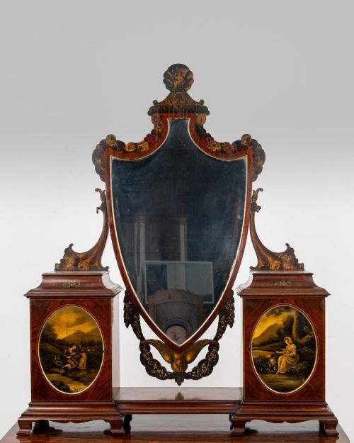 ANTIQUE EDWARDIAN INLAID MAHOGANY TABLE TOP CHEVAL MIRROR JEWELLERY CABINET C1900