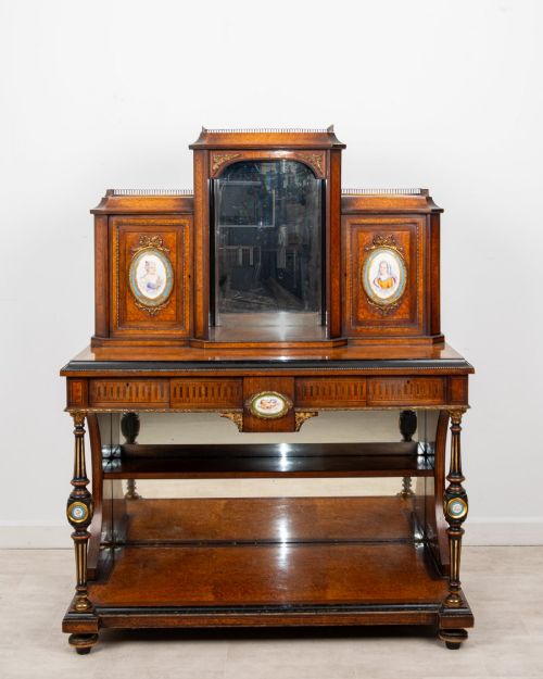 EXCEPTIONAL ANTIQUE FRENCH AMBOYNA EBONISED BONHEUR DU JOUR WRITING DESK WITH PORCELAIN PLAQUES C1880
