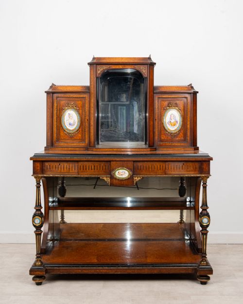 EXCEPTIONAL ANTIQUE FRENCH AMBOYNA EBONISED BONHEUR DU JOUR WRITING DESK WITH PORCELAIN PLAQUES C1880 - ADDITIONAL PHOTO 1