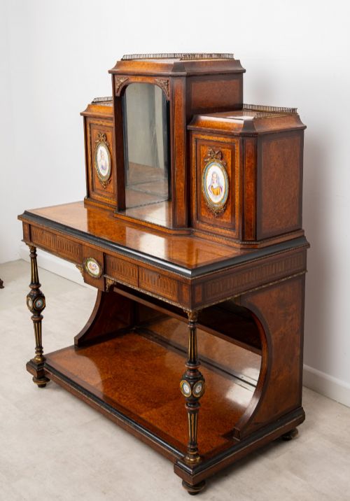 EXCEPTIONAL ANTIQUE FRENCH AMBOYNA EBONISED BONHEUR DU JOUR WRITING DESK WITH PORCELAIN PLAQUES C1880 - ADDITIONAL PHOTO 2
