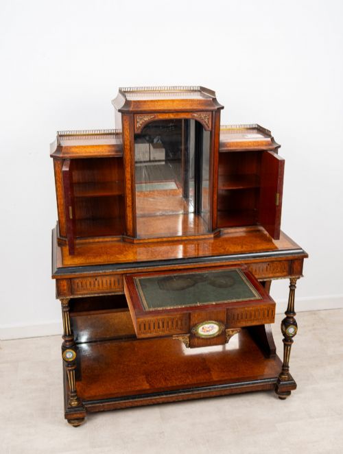 EXCEPTIONAL ANTIQUE FRENCH AMBOYNA EBONISED BONHEUR DU JOUR WRITING DESK WITH PORCELAIN PLAQUES C1880 - ADDITIONAL PHOTO 6
