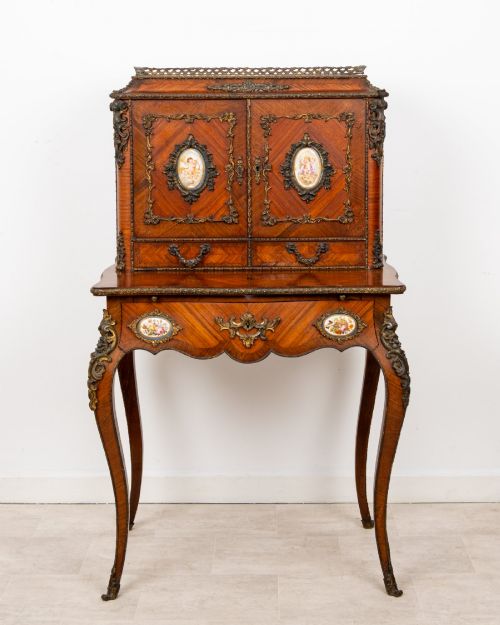 ANTIQUE FRENCH KINGWOOD BONHEUR DU JOUR WRITING DESK WITH ORMOLU MOUNTS PORCELAIN PLAQUES C1880